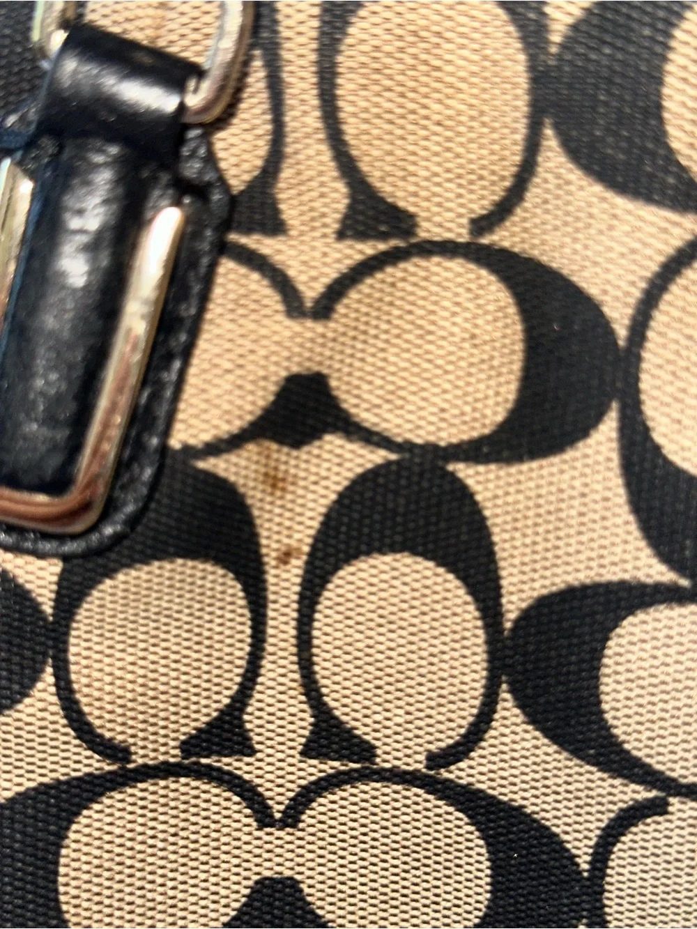 Coach Brown Khaki Signature Canvas Shoulder Tote with Black Trim